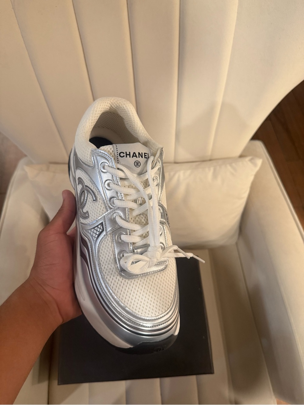 CHANEL White and Silver Athletic Lace-Up Sneaker